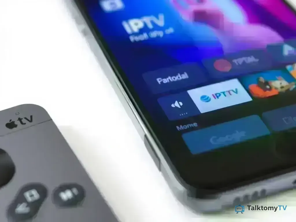 iPhone screen showing IPTV app interface with Apple TV remote