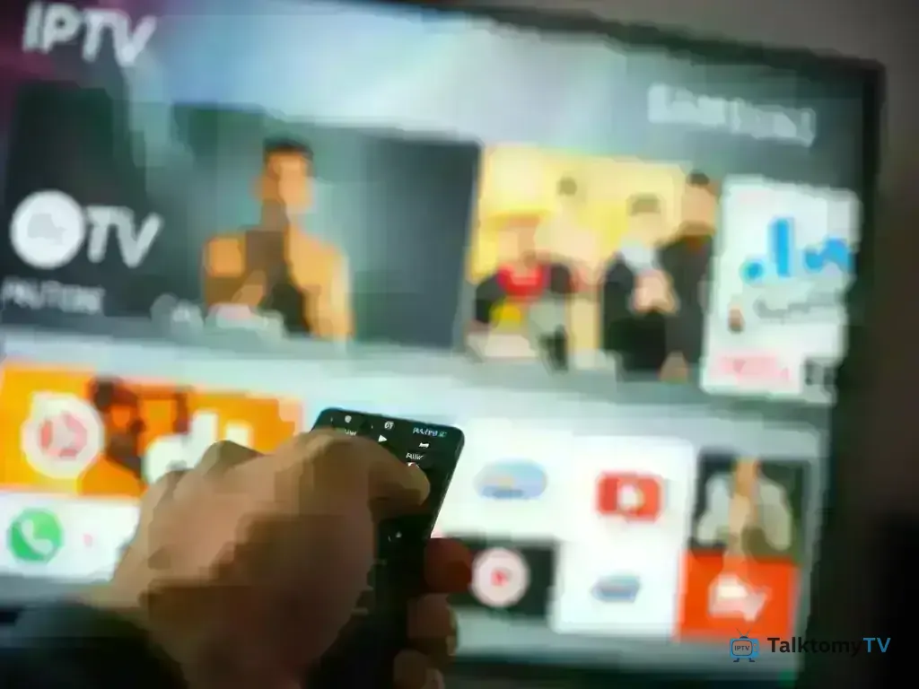 Smart TV IPTV Setup - Remote control pointing to IPTV app on Samsung TV screen